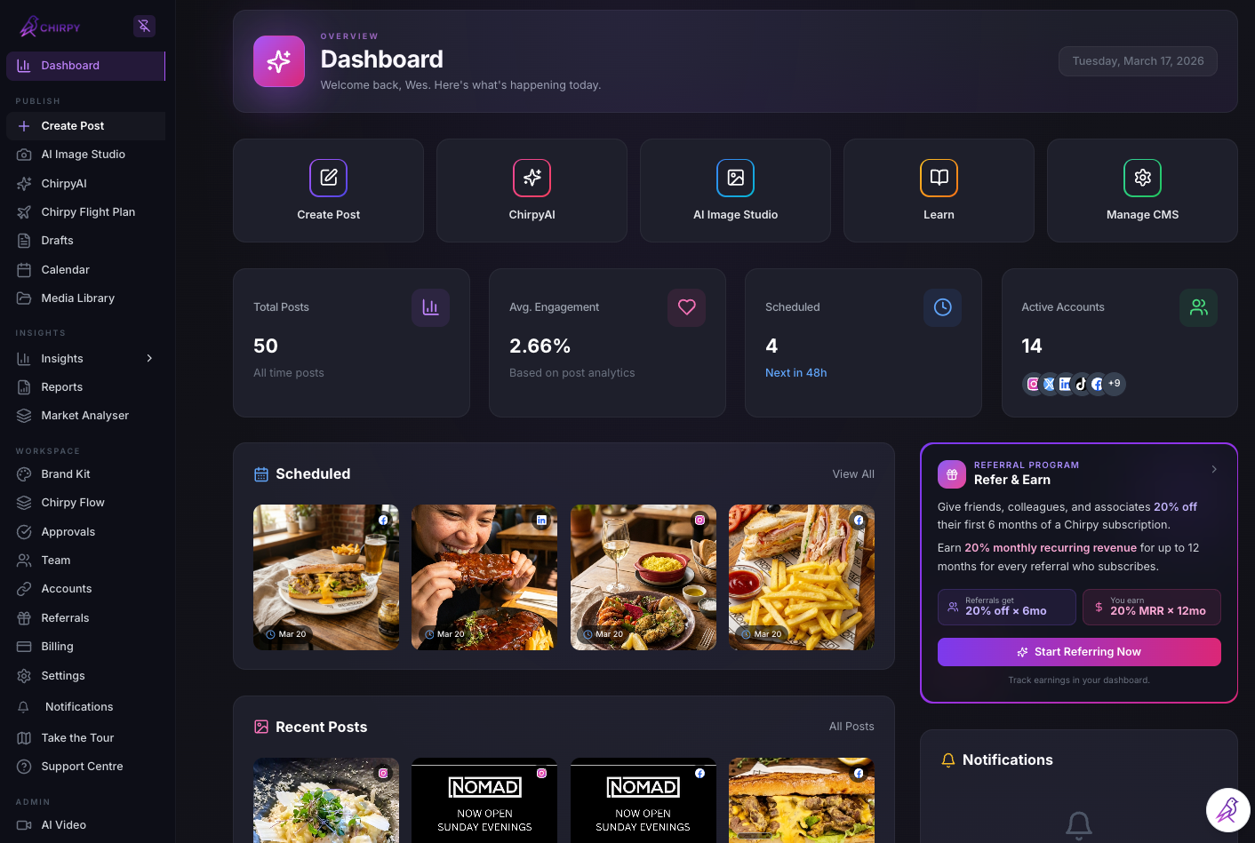 Chirpy multi-client dashboard showing accounts filtered by client and status