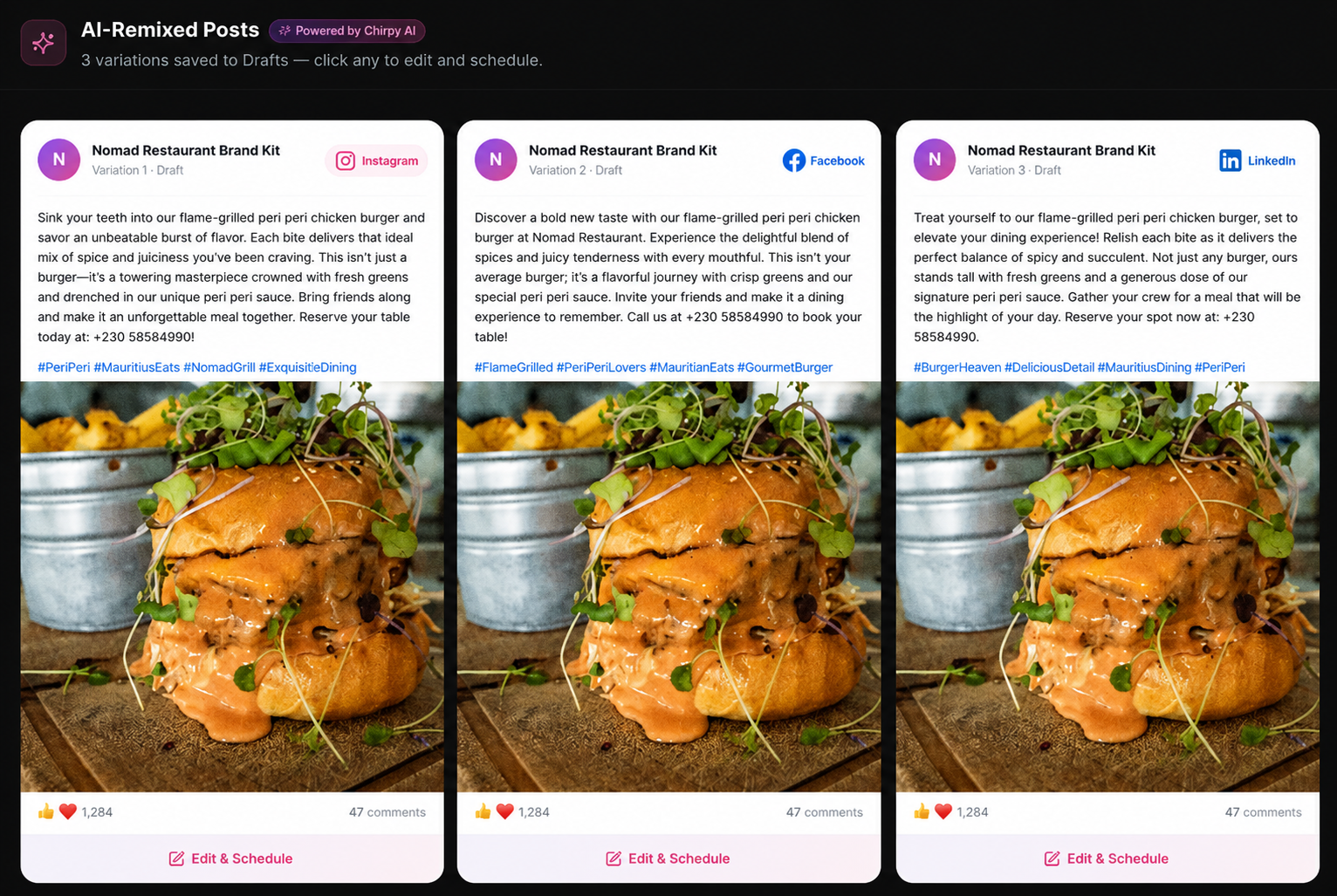 Three Chirpy post variations prepared for Instagram, Facebook and LinkedIn