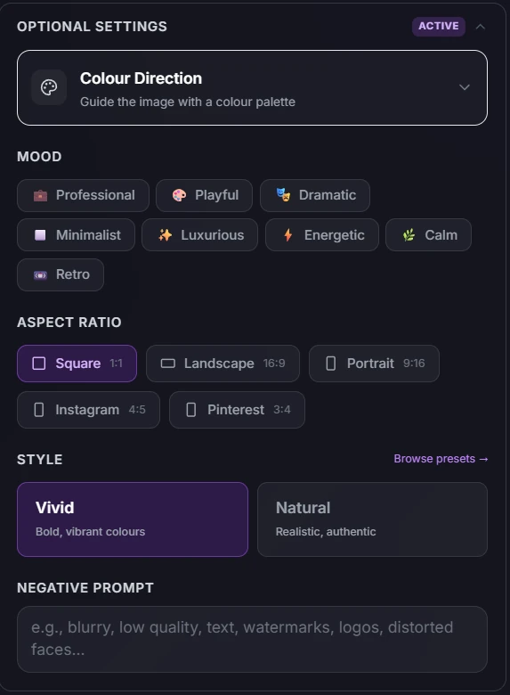 AI Image Studio guide: Step 2: Select your optional settings
