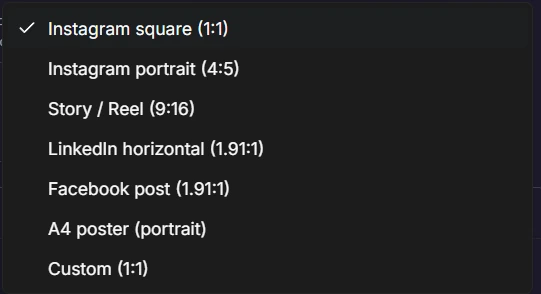 AI Image Studio guide: Step 3: Select your Platform & Size