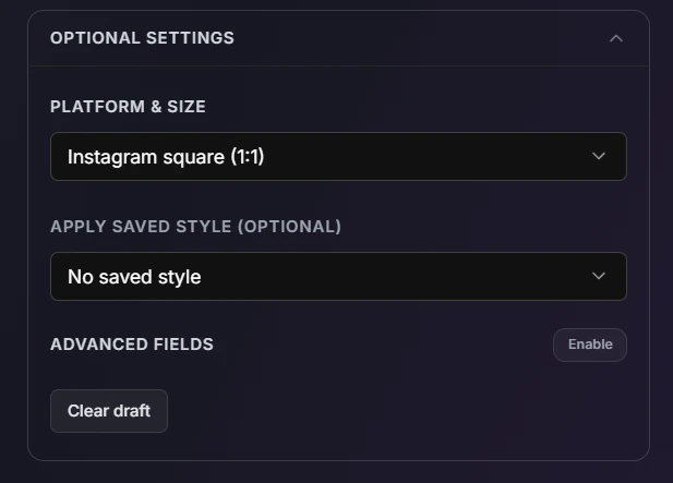 AI Image Studio guide: Step 3: Select your Platform & Size