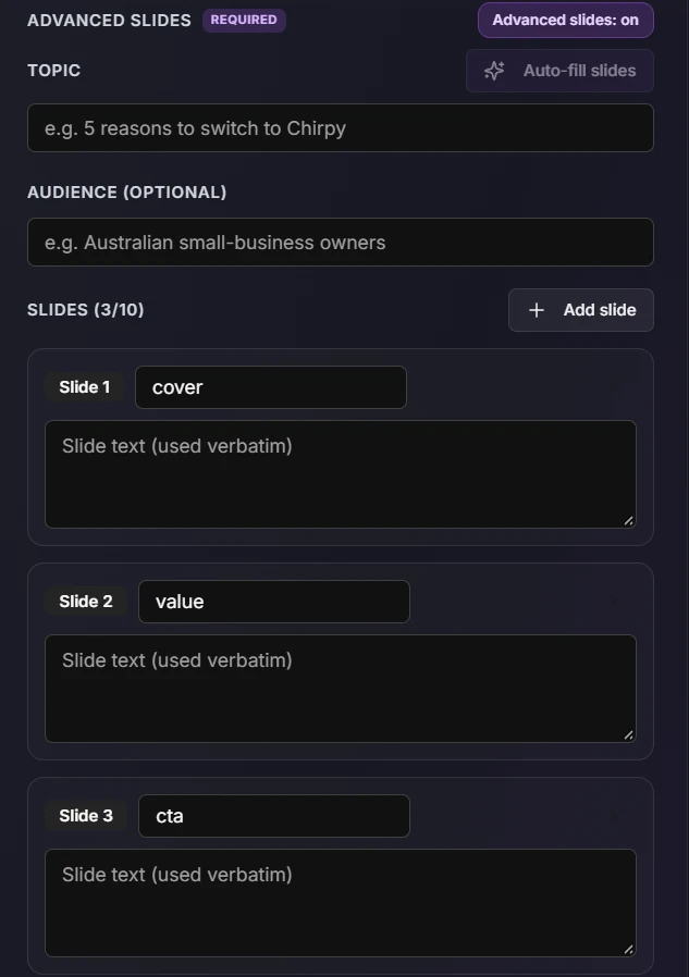 AI Image Studio guide: Using the Advanced slides option