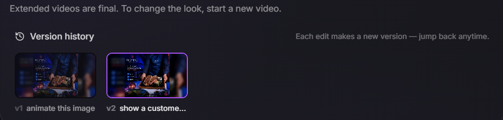 Version history for the extended video showing the original image animation and the v2 extension prompted to show a customer.