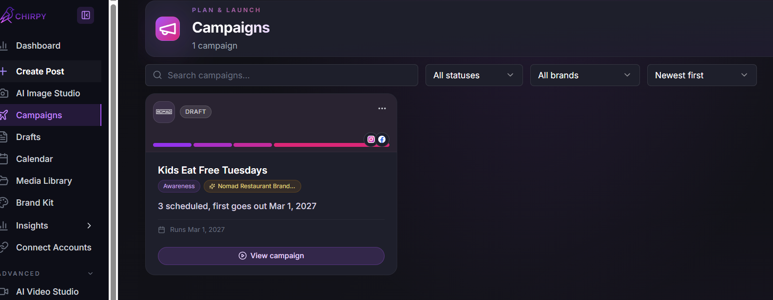 Campaigns list in the dashboard