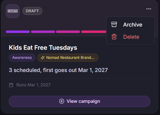 Campaign archive and delete menu