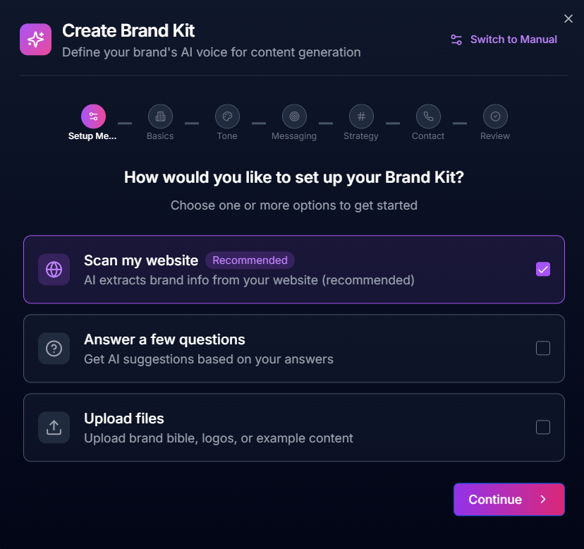 Choosing to scan your website with the Wizard