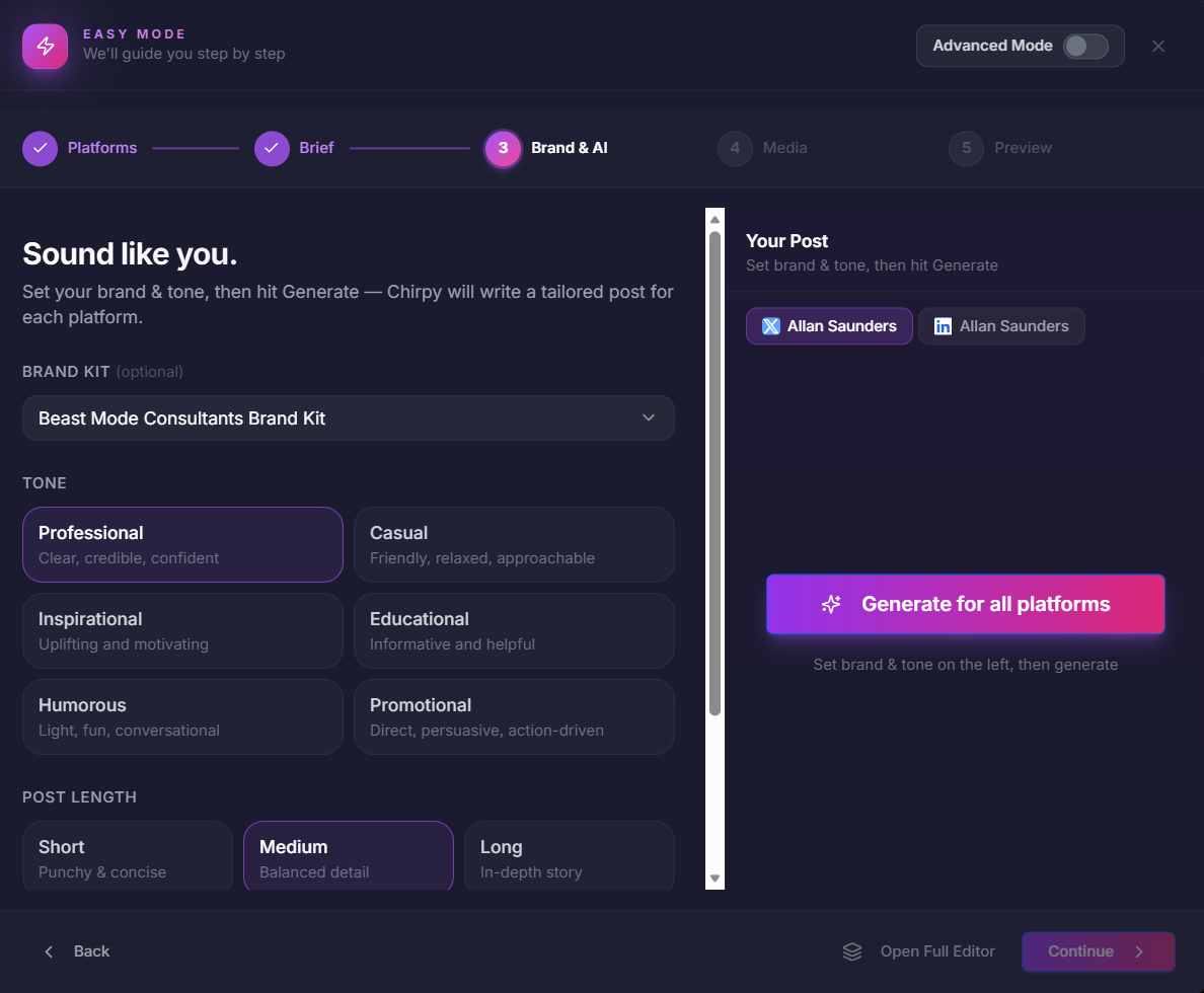 Adjusting generation options and selecting the Brand Kit