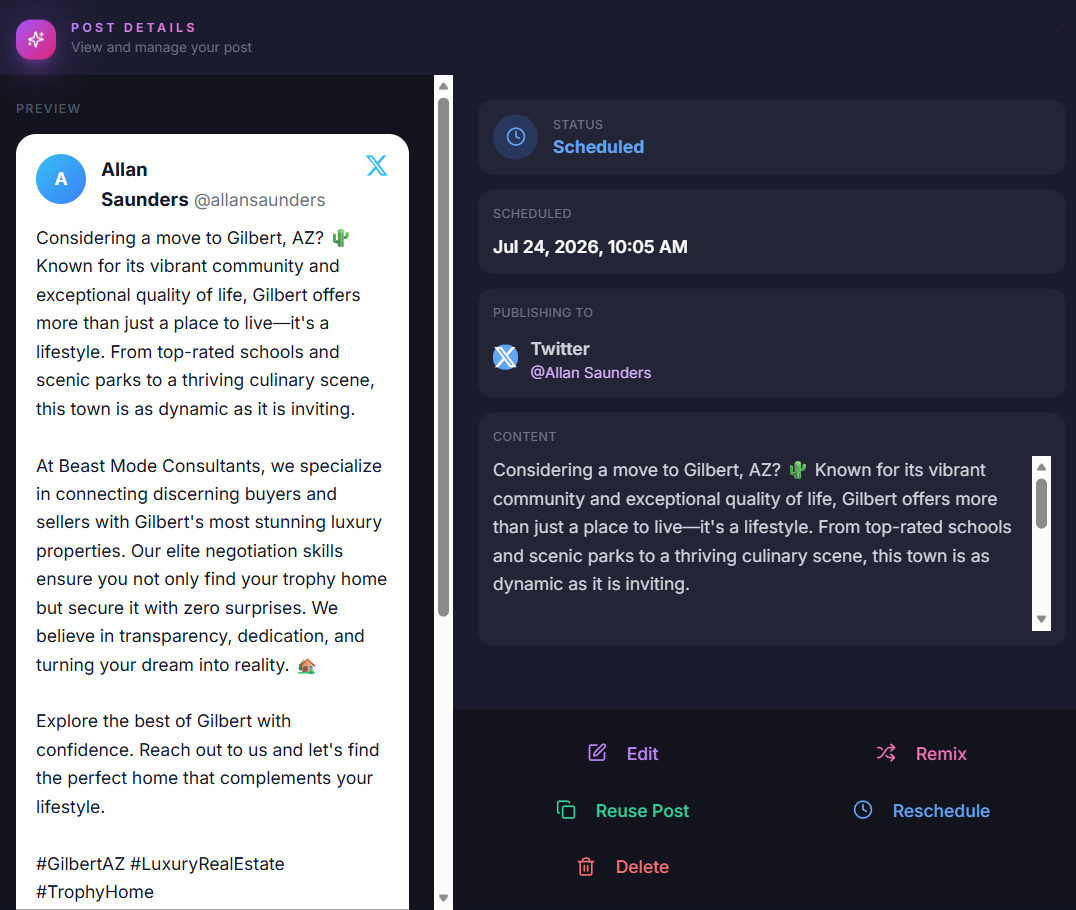 Options available for a scheduled post
